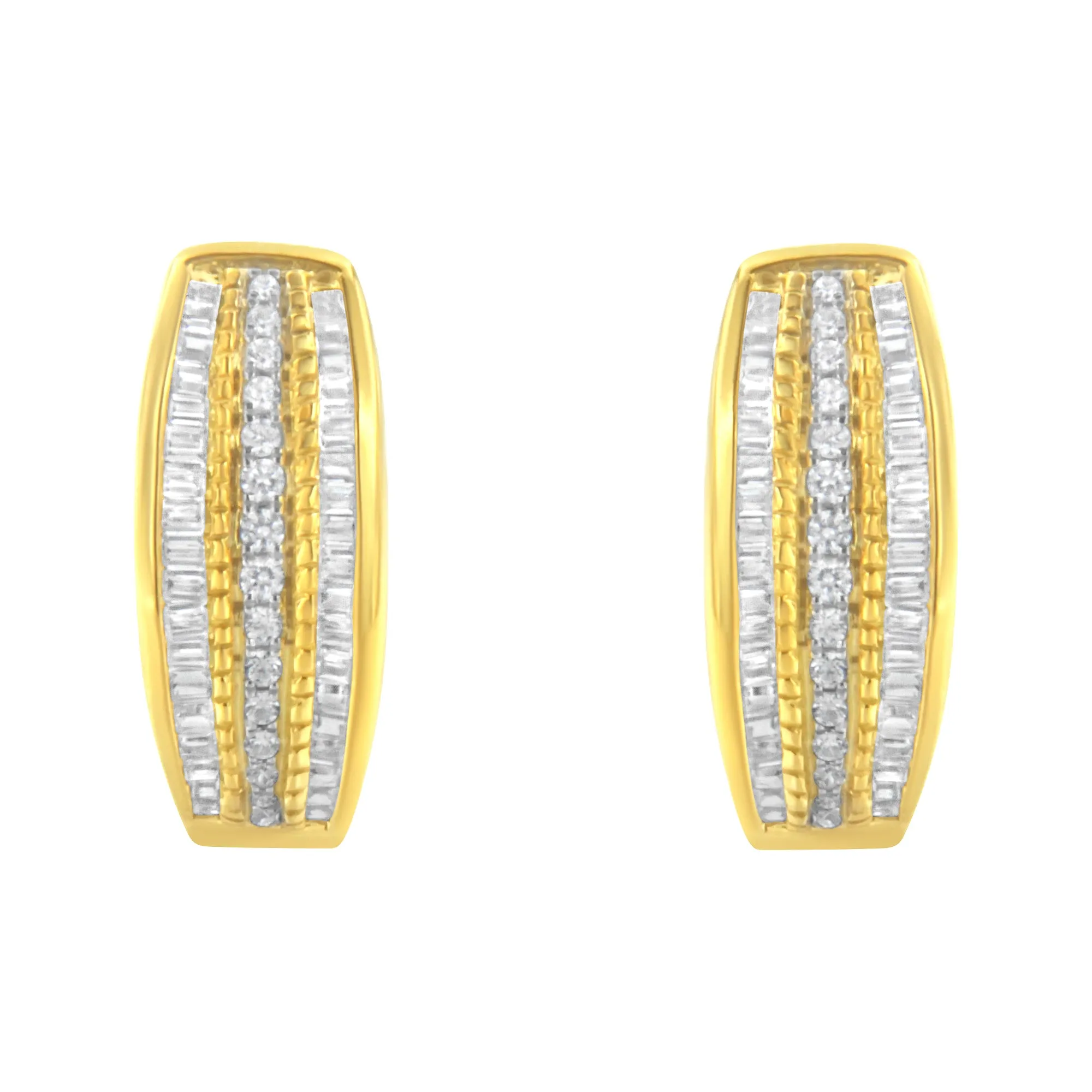 10K Yellow Gold 3/4 Cttw Pave and Channel Set Diamond Triple Row Modern Hoop Earrings