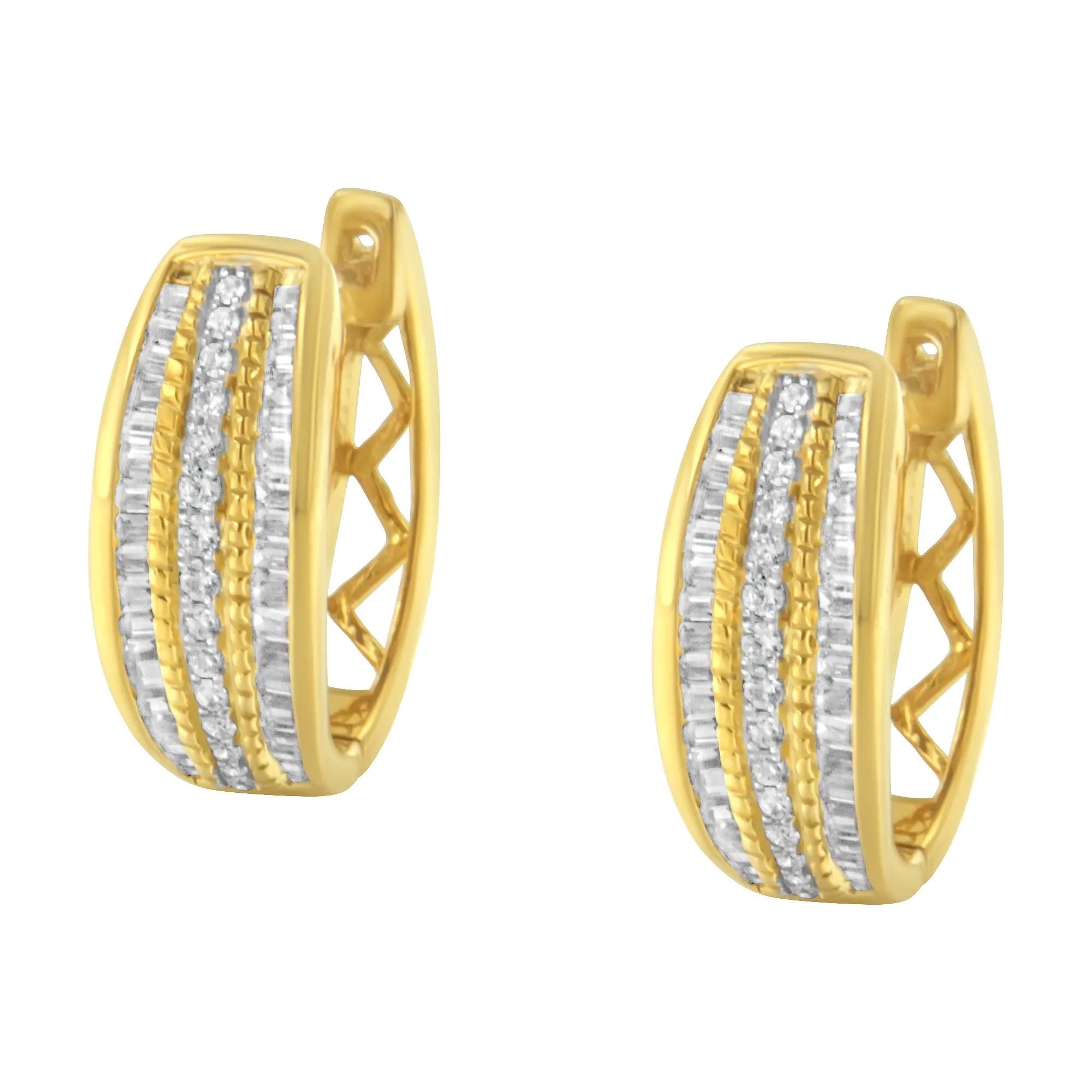 10K Yellow Gold 3/4 Cttw Pave and Channel Set Diamond Triple Row Modern Hoop Earrings