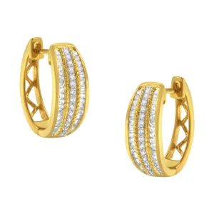 10K Yellow Gold 3/4 Cttw Pave and Channel Set Diamond Triple Row Modern Hoop Earrings