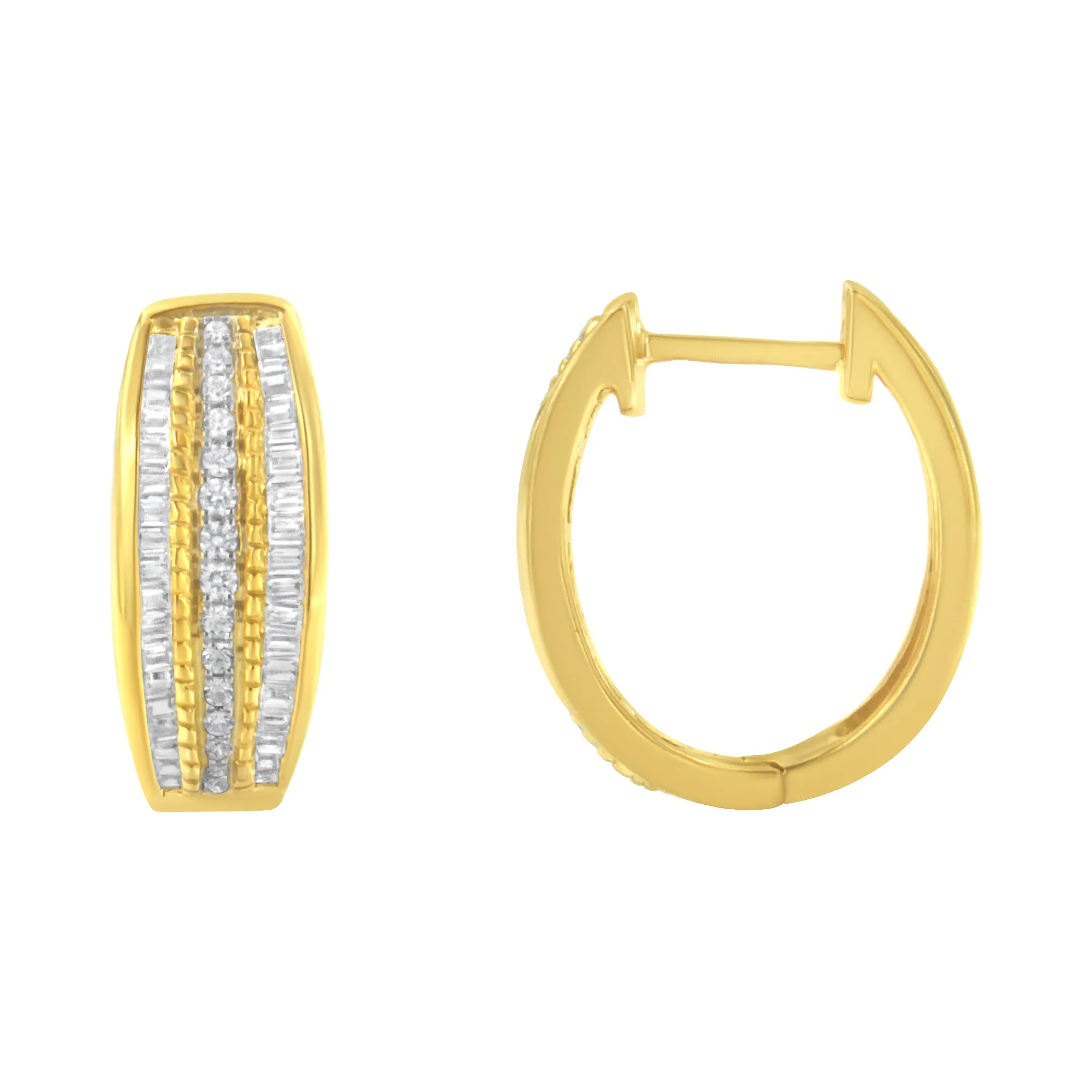 10K Yellow Gold 3/4 Cttw Pave and Channel Set Diamond Triple Row Modern Hoop Earrings