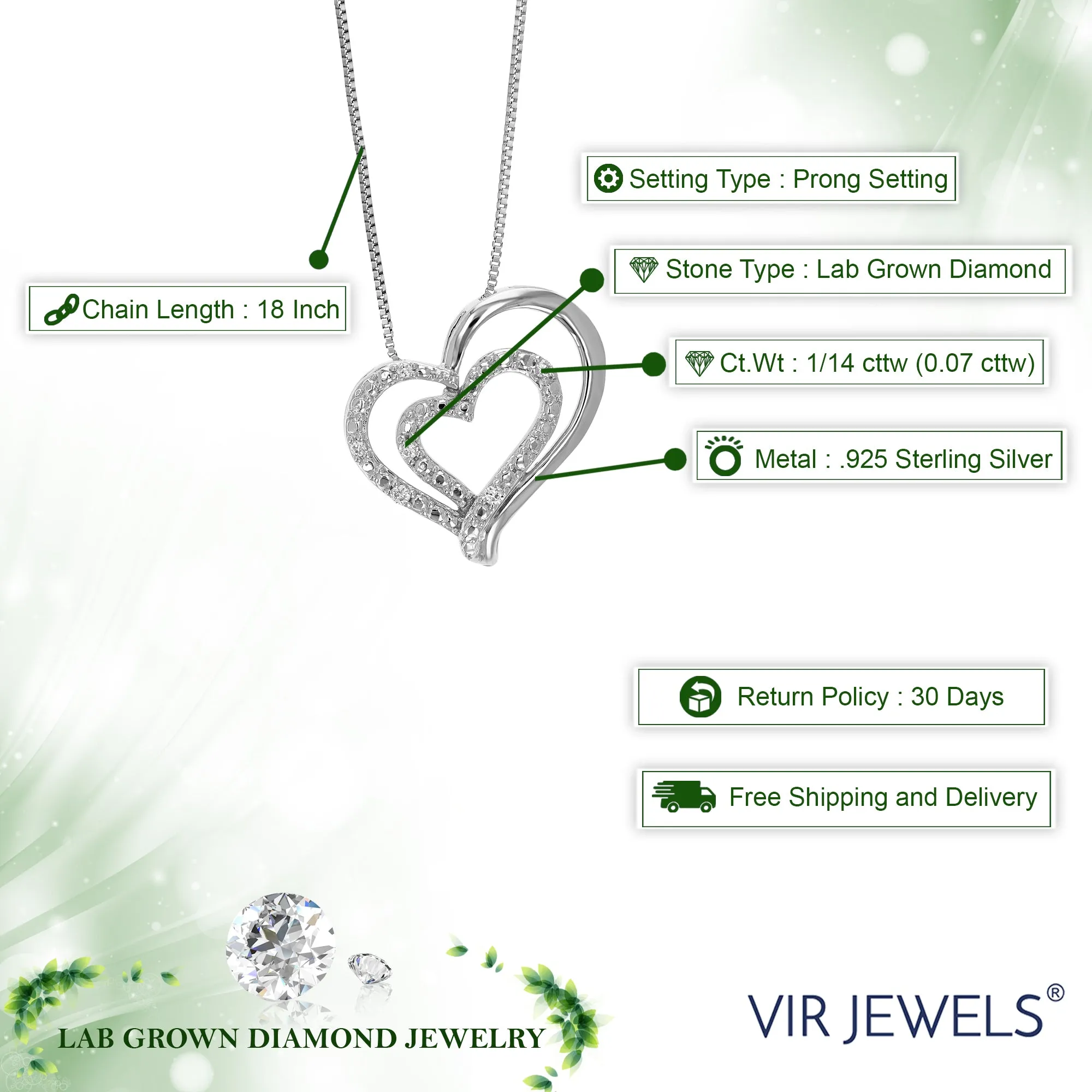 1/14 cttw 6 Stones Lab Grown Diamond Pendant Necklace .925 Sterling Silver 3/4 Inch with 18 Inch Chain, Size 2/3 Inch