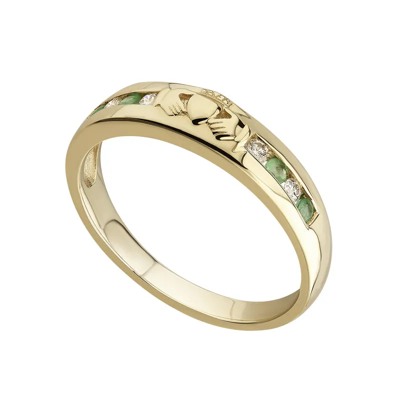 14K Gold Diamond Emerald Claddagh Ring