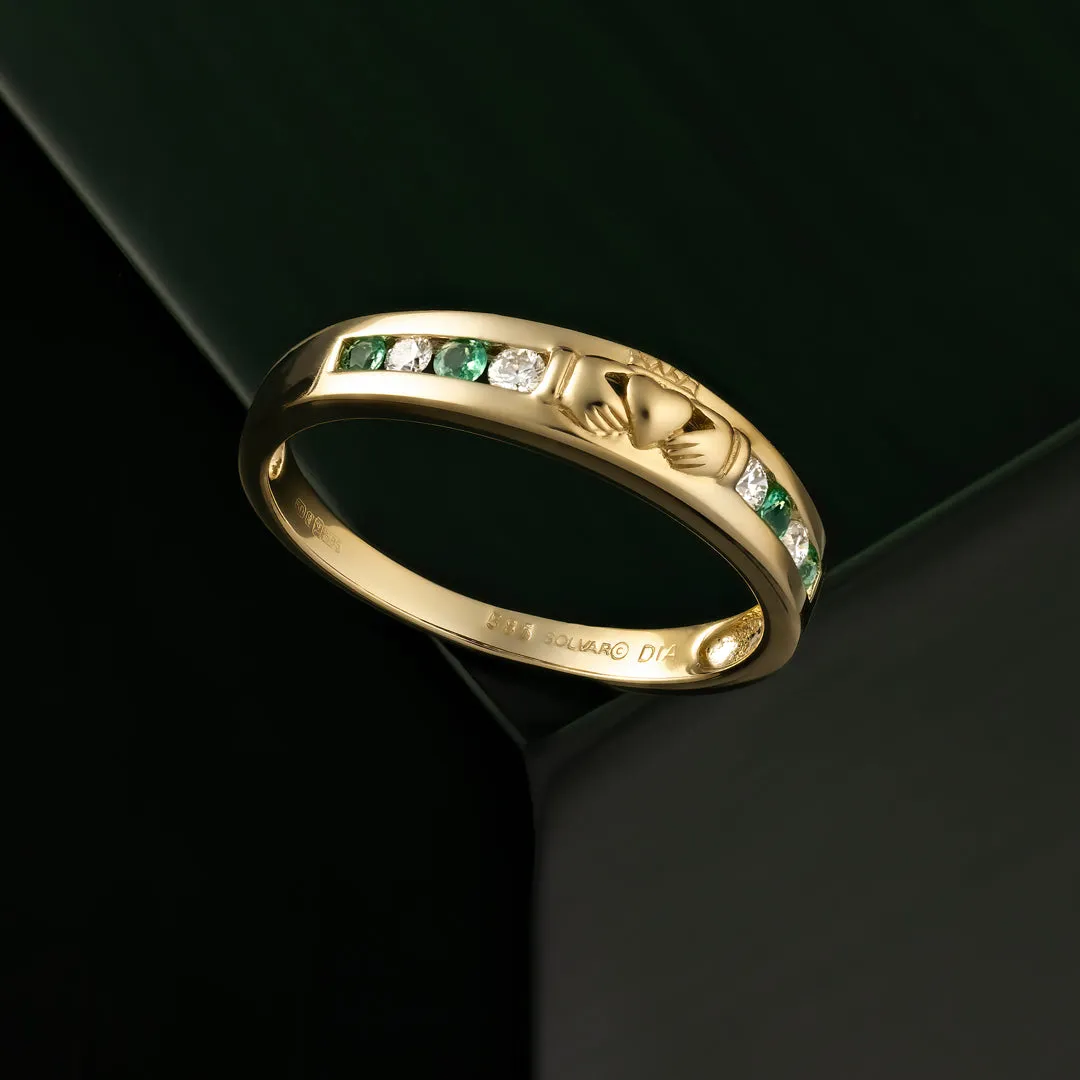 14K Gold Diamond Emerald Claddagh Ring