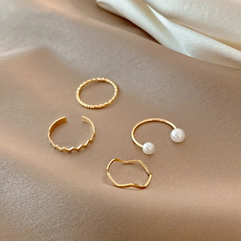 14K Gold Pearl Adjustable Dainty Ring Set