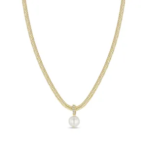 14k Pearl & Pavé Diamond Bail Snake Chain Necklace