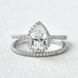 1.5ct Pear Moissanite Classic Halo Ring Set 2pcs