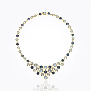 18K Classic Bib Necklace with Royal Blue Moonstone, tanzanite and diamond