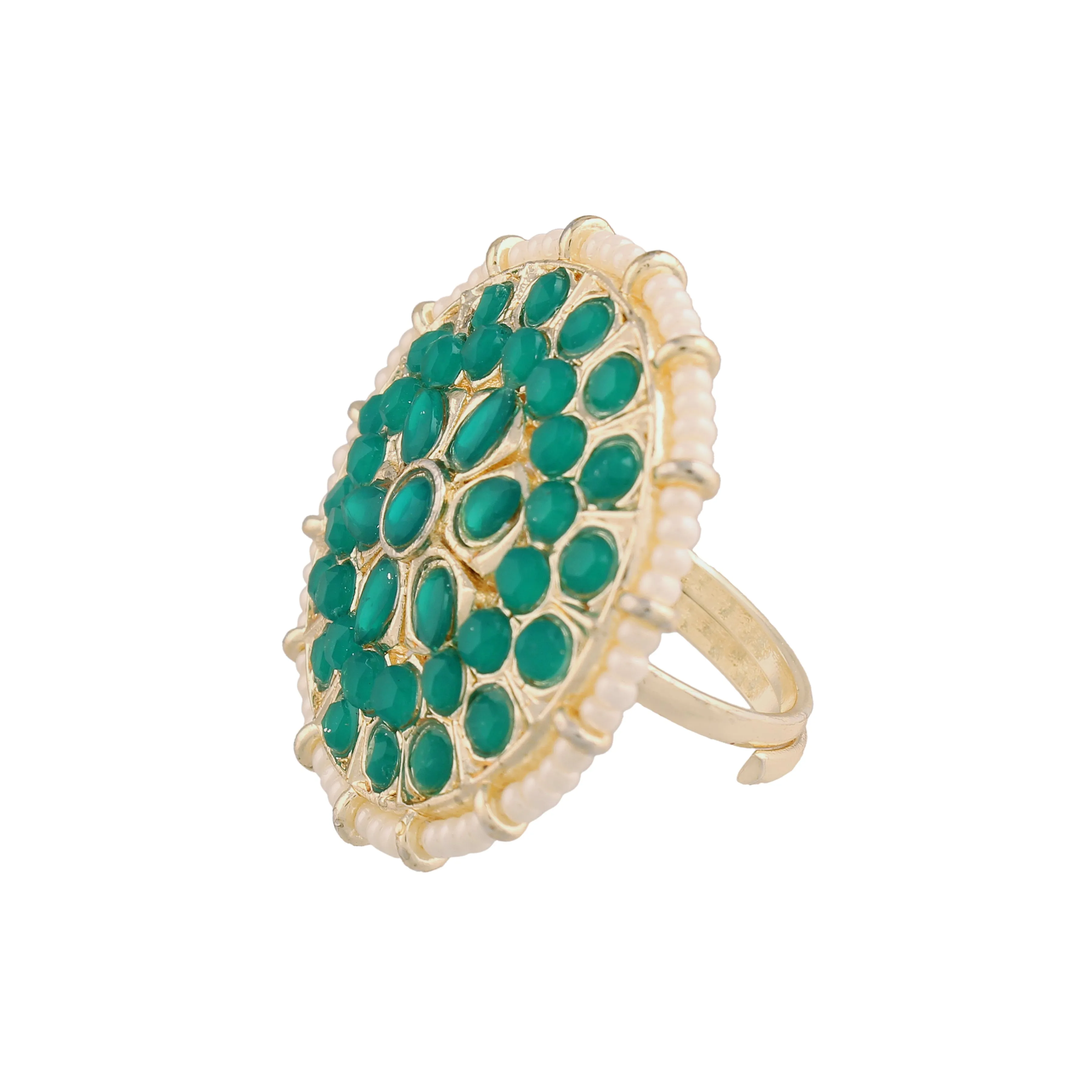 18k Gold Plated Traditional Green Kundan & Pearl Studded Adjustable Finger Ring for Women