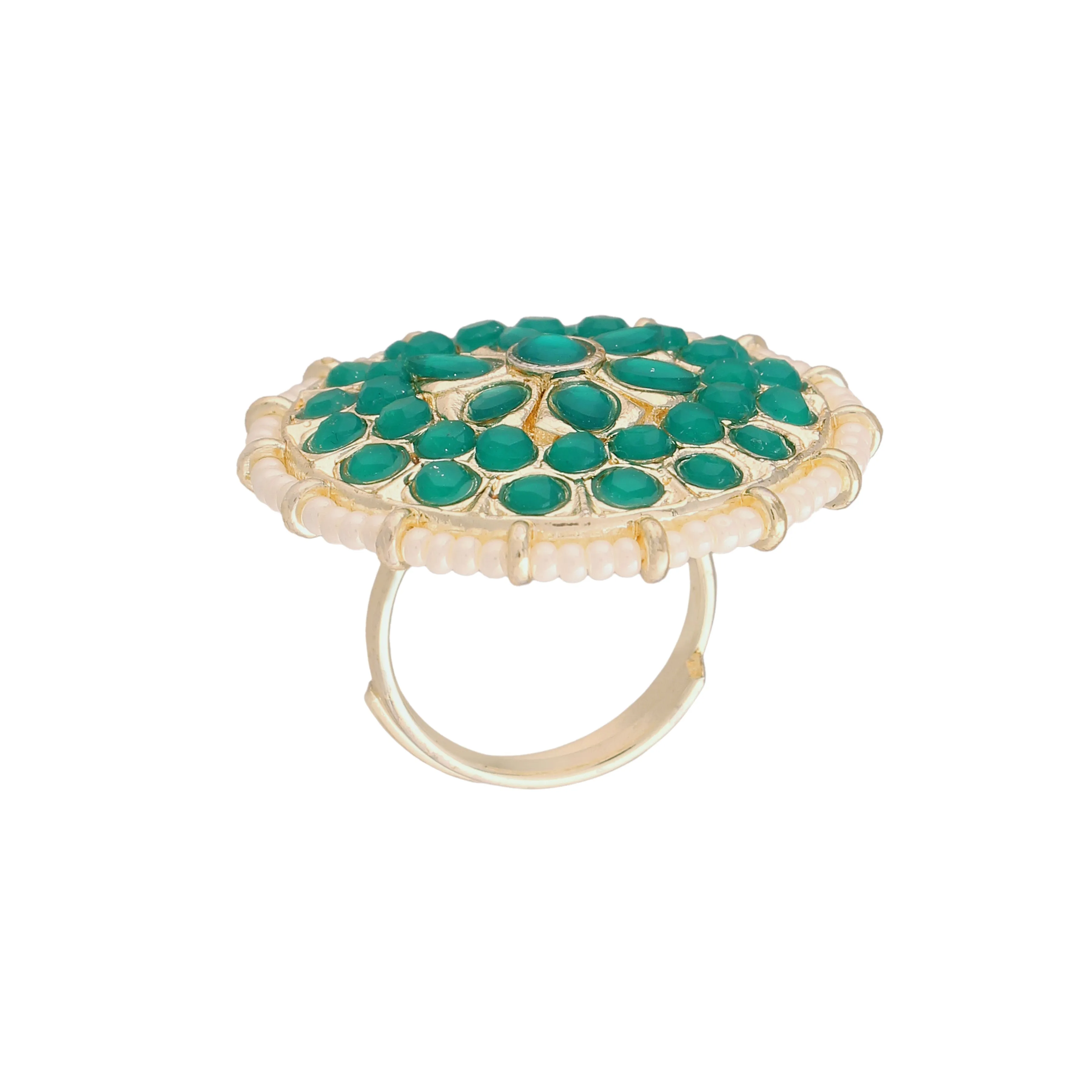 18k Gold Plated Traditional Green Kundan & Pearl Studded Adjustable Finger Ring for Women