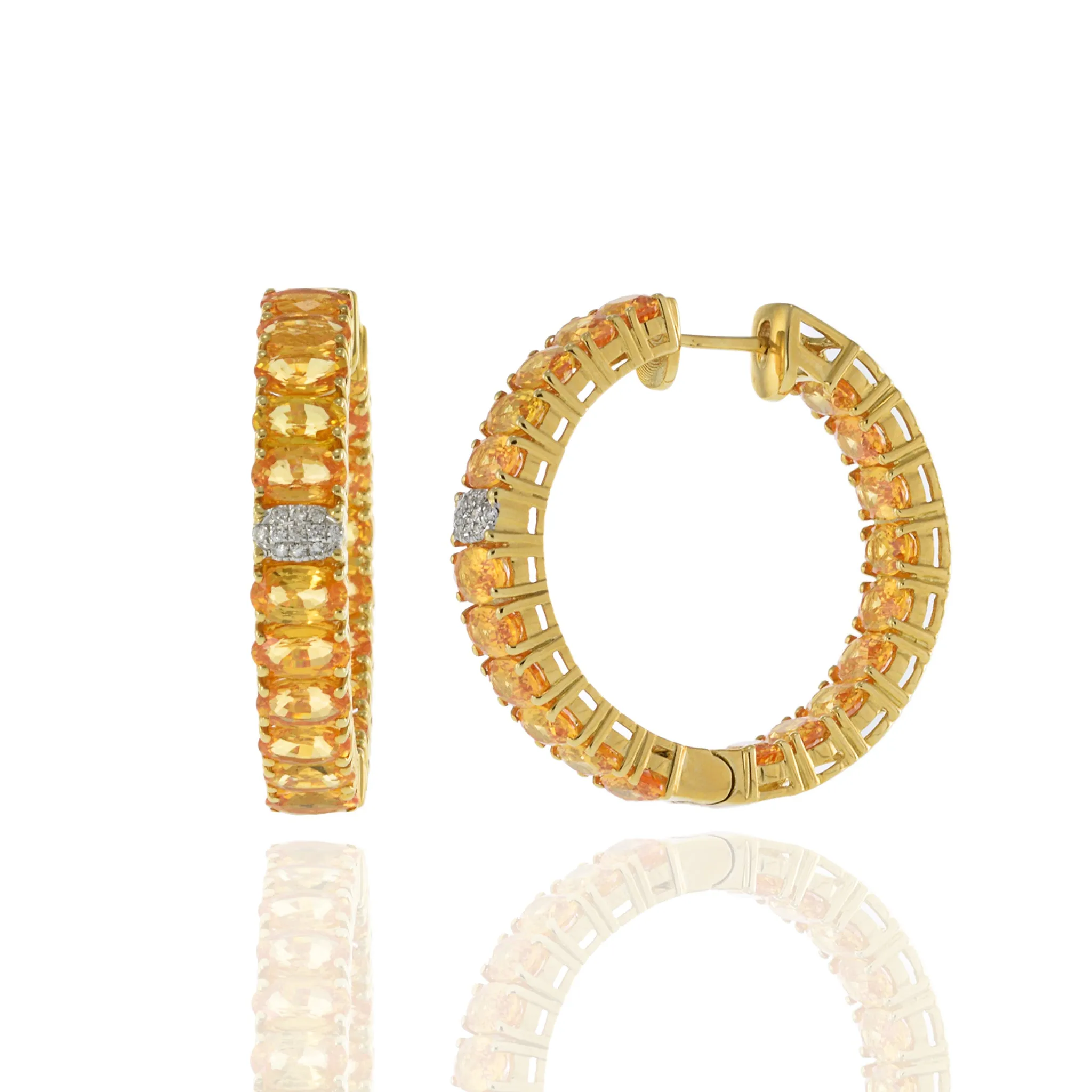 18KT Yellow Gold Oval Yellow Sapphire and Diamond Hoop Earrings