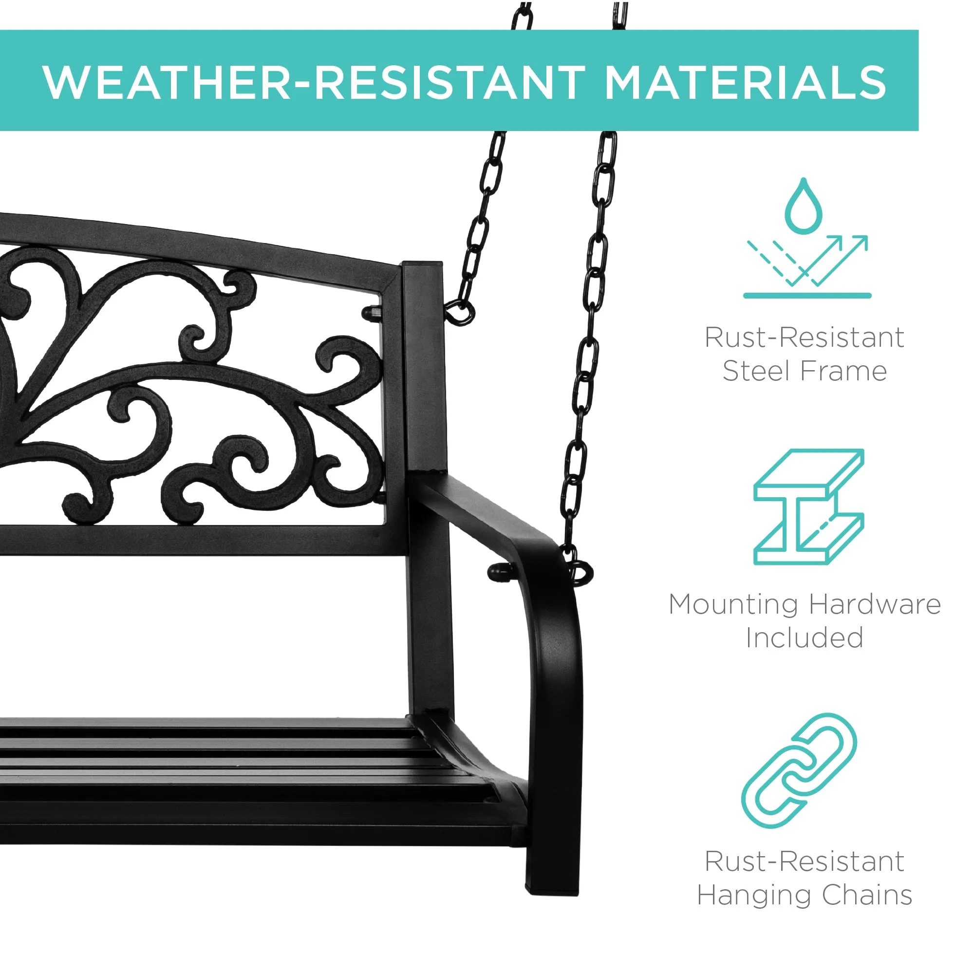 2-Person Metal Outdoor Porch Swing w/ Floral Accent, 485lb Weight Capacity