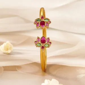 22K Gold-Plated Ruby Pink & Emerald Kundan Studded Openable Kada Bangle