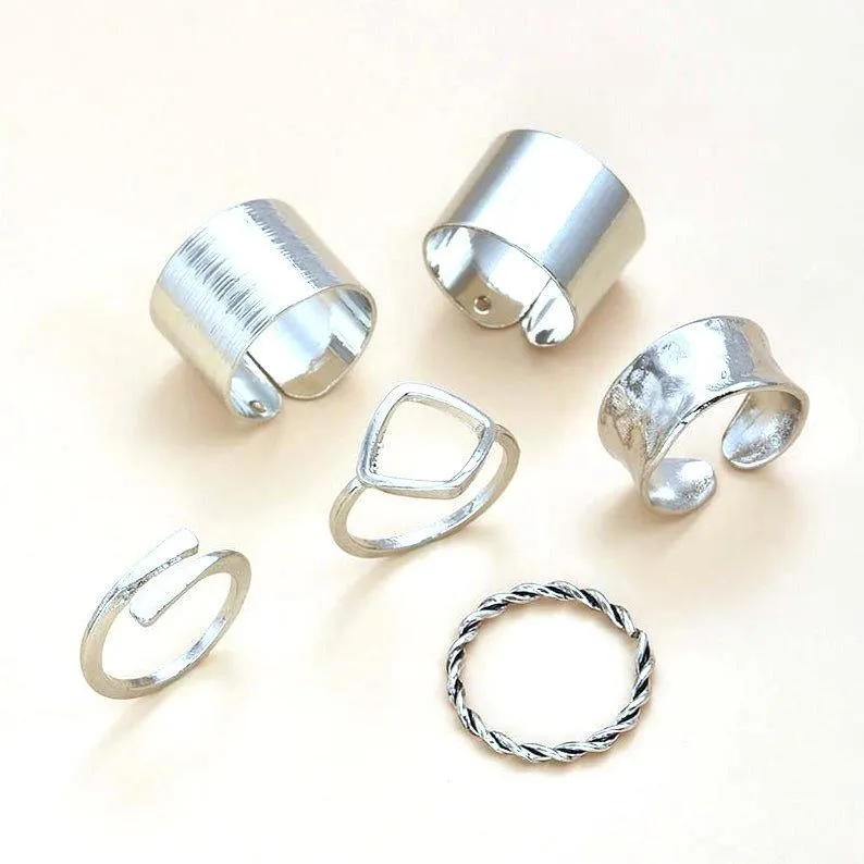 6 Piece Wide Adjustable Band Boho Midi Thick Cuff Rings Ring Set