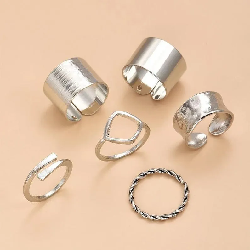 6 Piece Wide Adjustable Band Boho Midi Thick Cuff Rings Ring Set