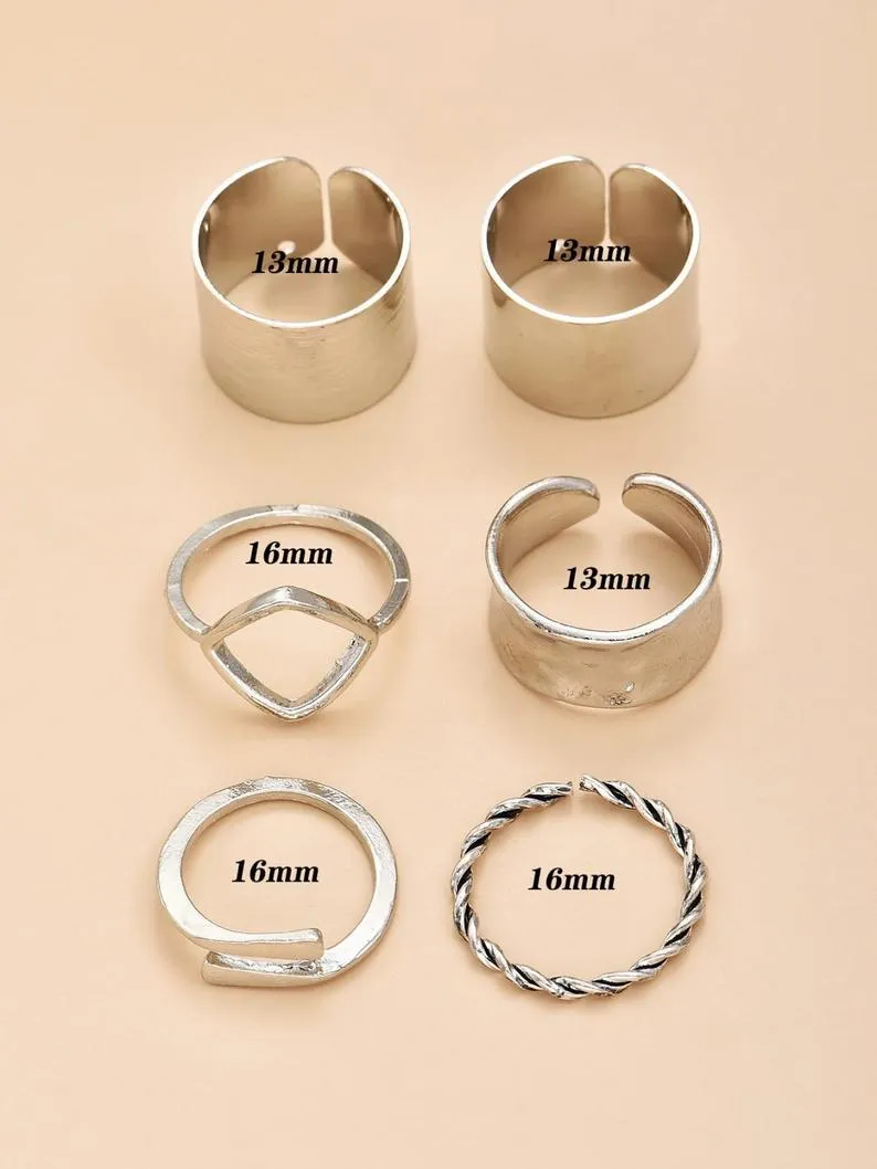 6 Piece Wide Adjustable Band Boho Midi Thick Cuff Rings Ring Set