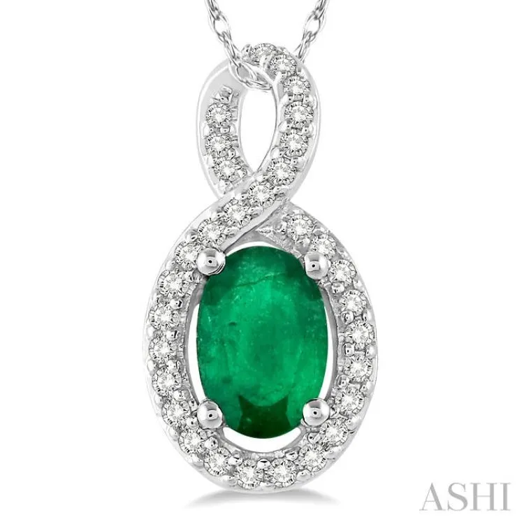 6x4 MM Oval Cut Emerald and 1/10 Ctw Round Cut Diamond Pendant in 14K White Gold with Chain