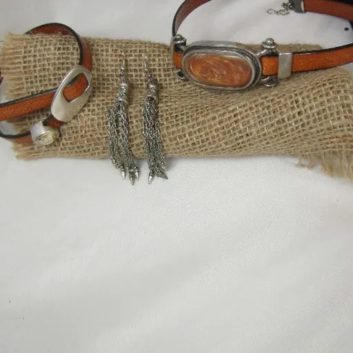 Amber Leather Ribbon Choker & Bracelet & Earrings Jewelry Set