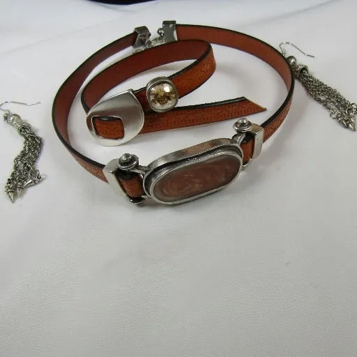 Amber Leather Ribbon Choker & Bracelet & Earrings Jewelry Set