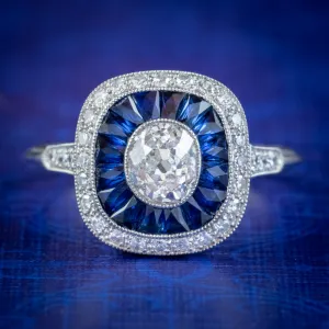 Art Deco Style Diamond Sapphire Cluster Ring Platinum 1.50ct Of Diamond