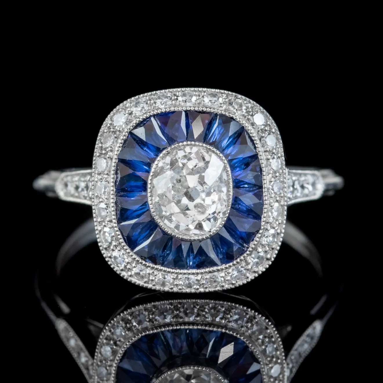 Art Deco Style Diamond Sapphire Cluster Ring Platinum 1.50ct Of Diamond