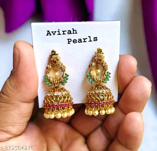 Attractive Trendy Avirah Pearls Designer CZ Jhumkhas with Pearls Beats for Women's & Girls