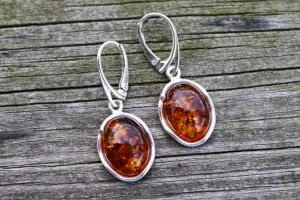 Baltic Amber Earrings Honey Sparkling Natural Jewelry 1.52" 4.4 gram 925 silver