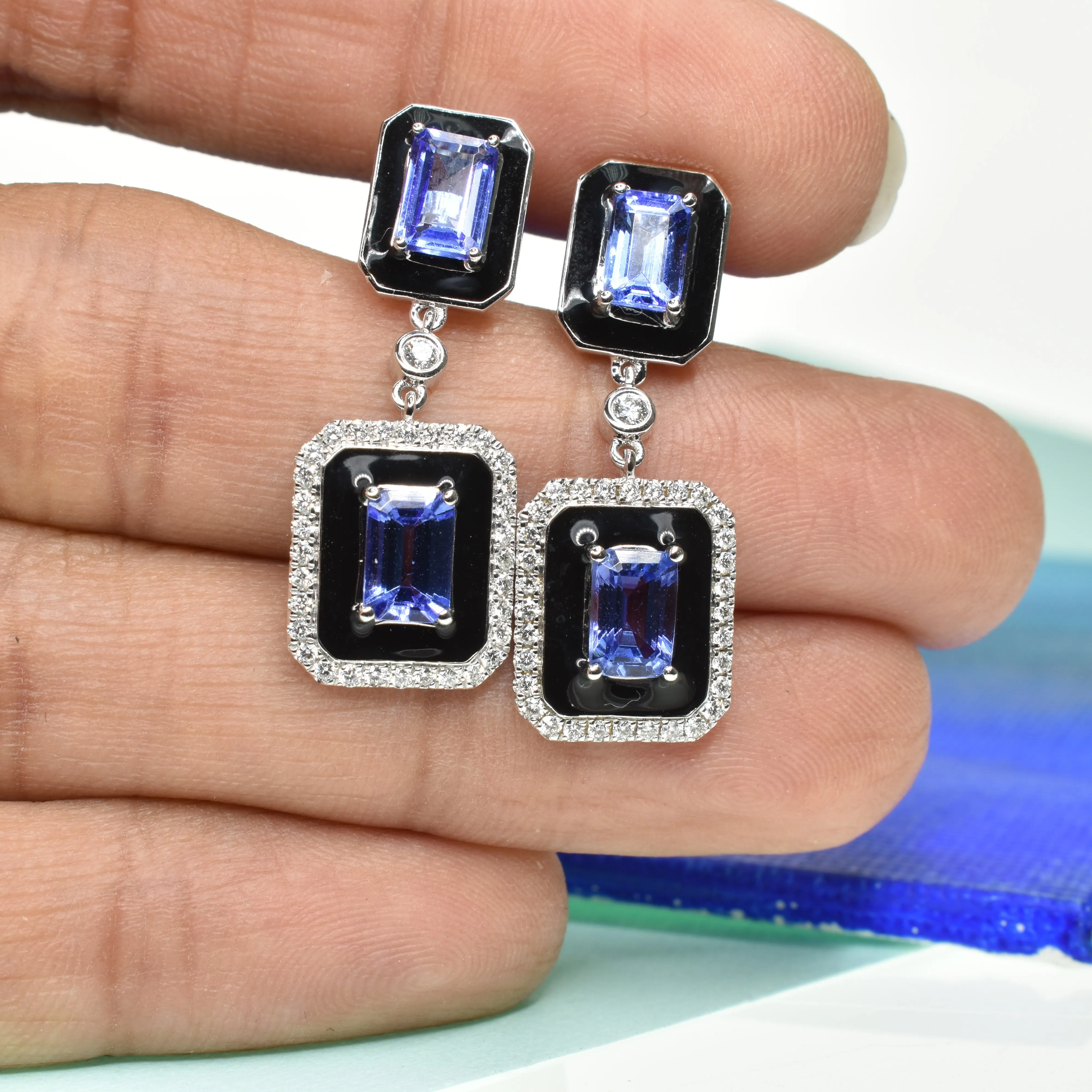 Black Enamel Earrings with Tanzanites