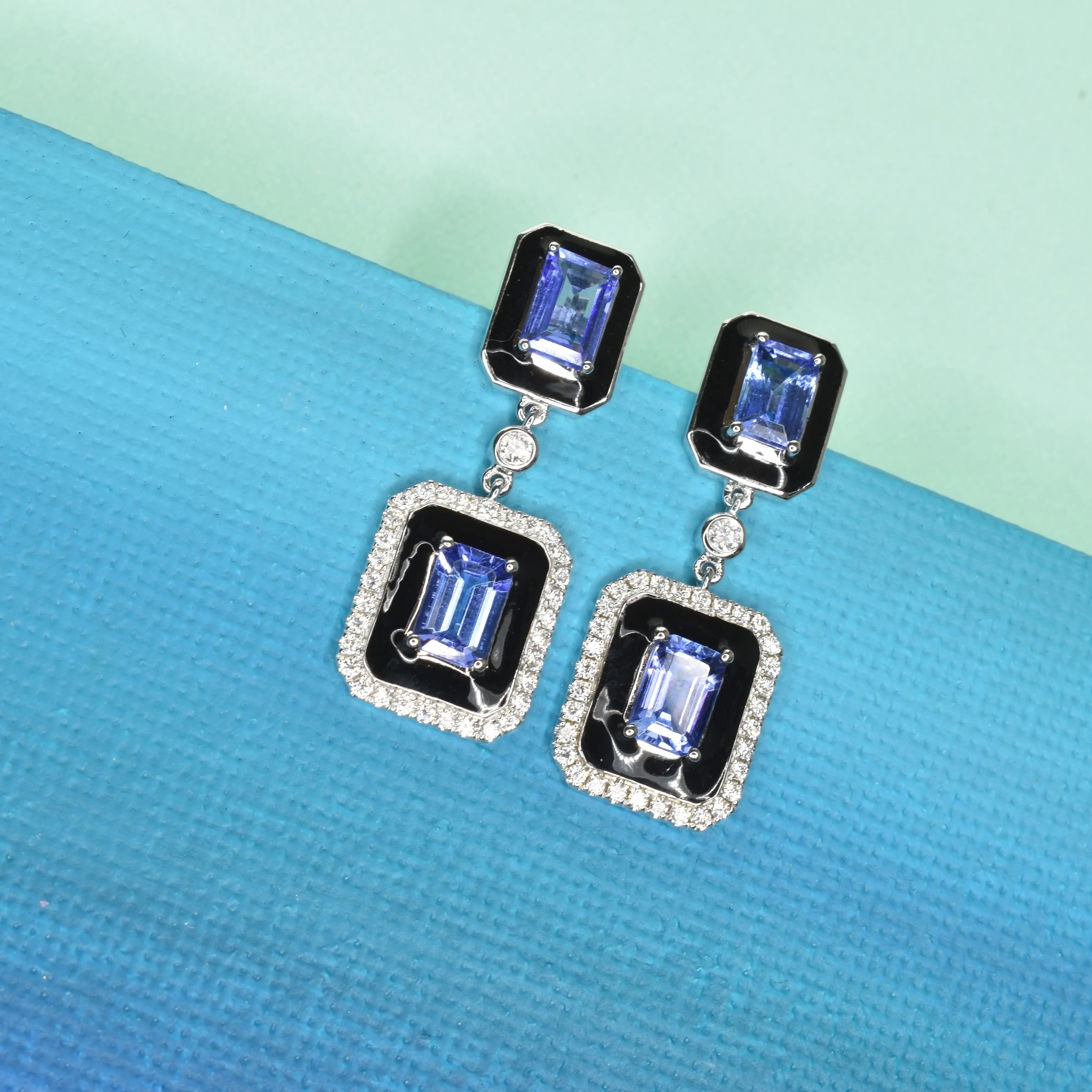 Black Enamel Earrings with Tanzanites