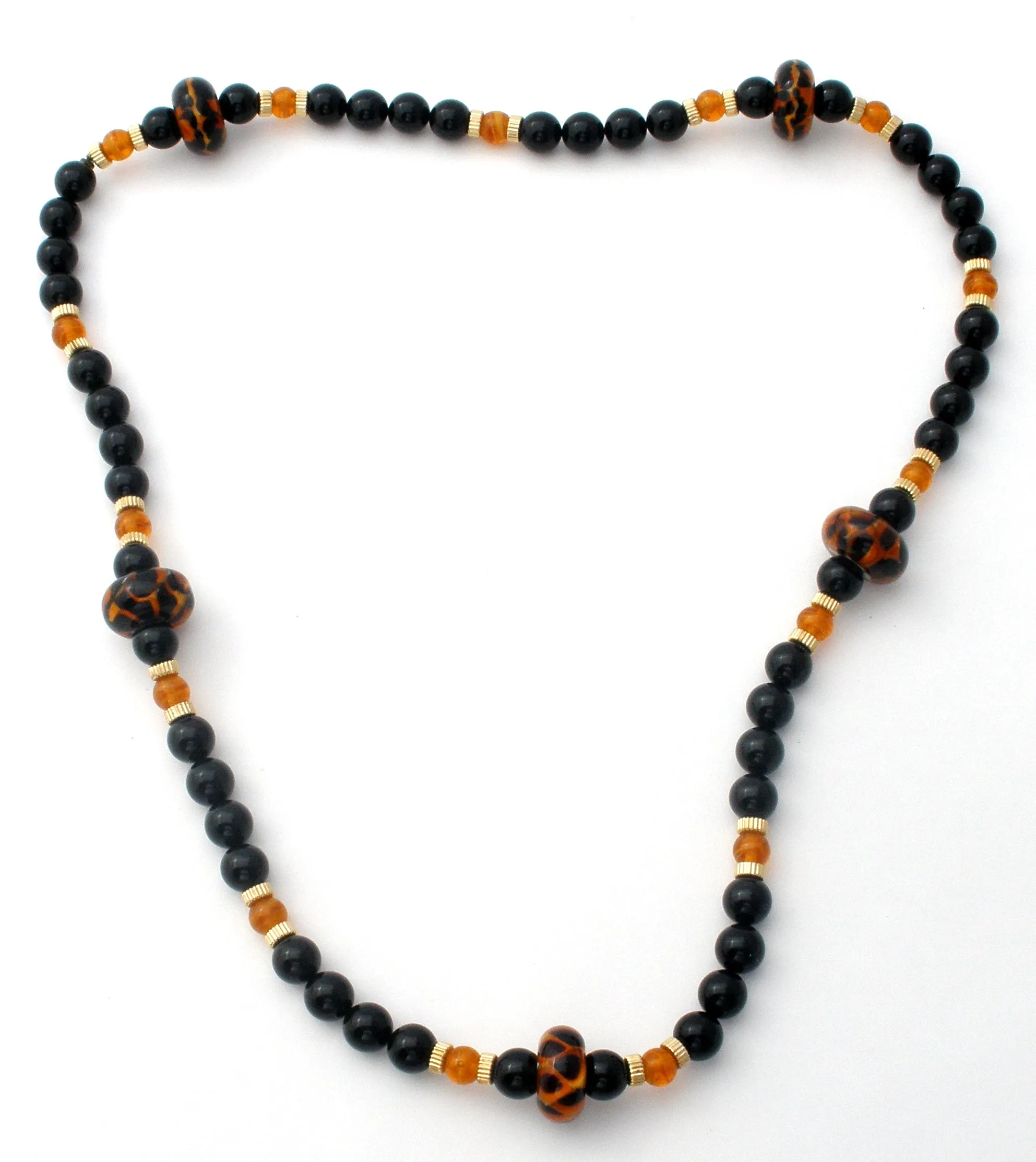 Black Onyx Bead Necklace with Amber Art Glass