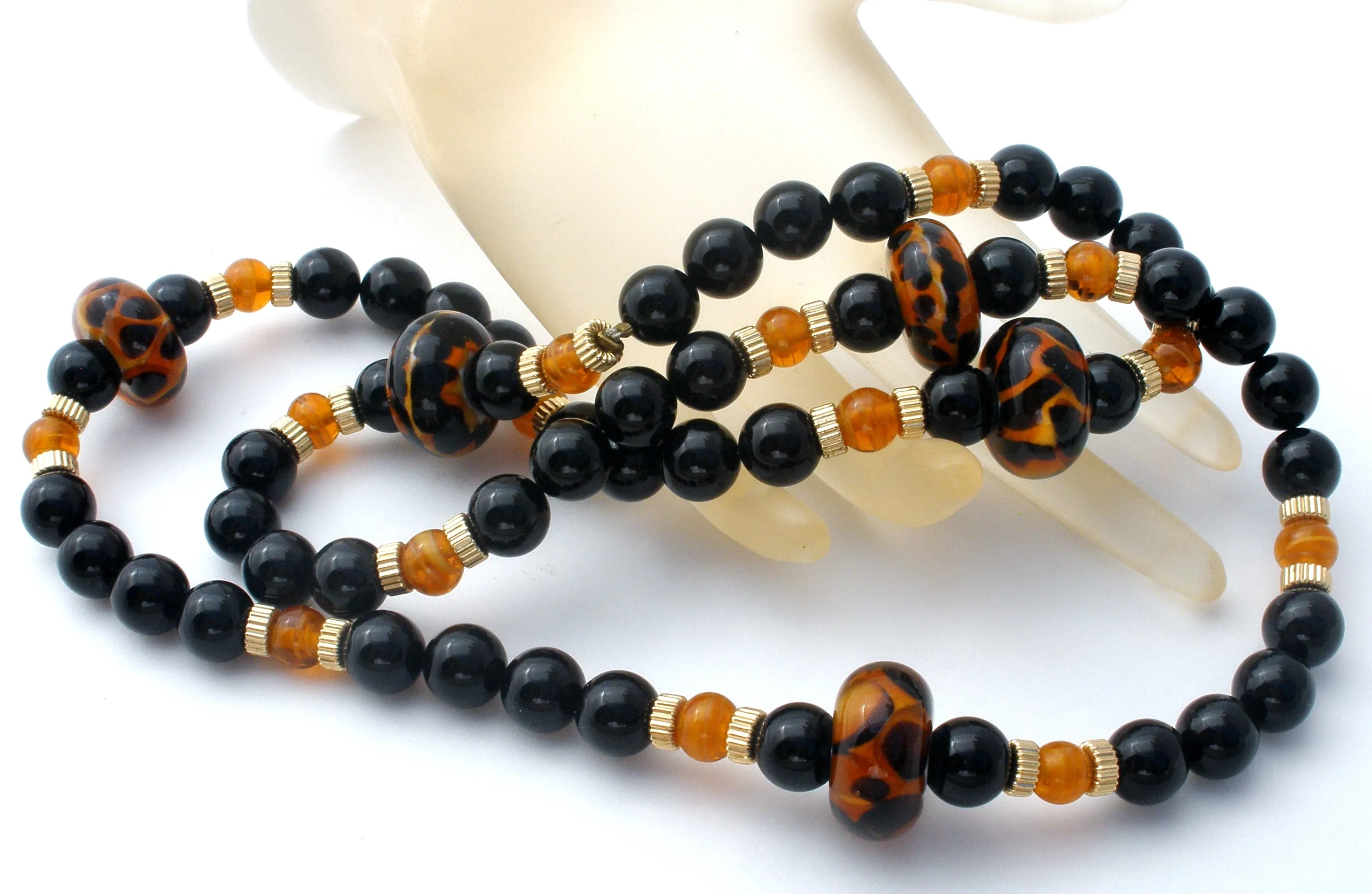 Black Onyx Bead Necklace with Amber Art Glass