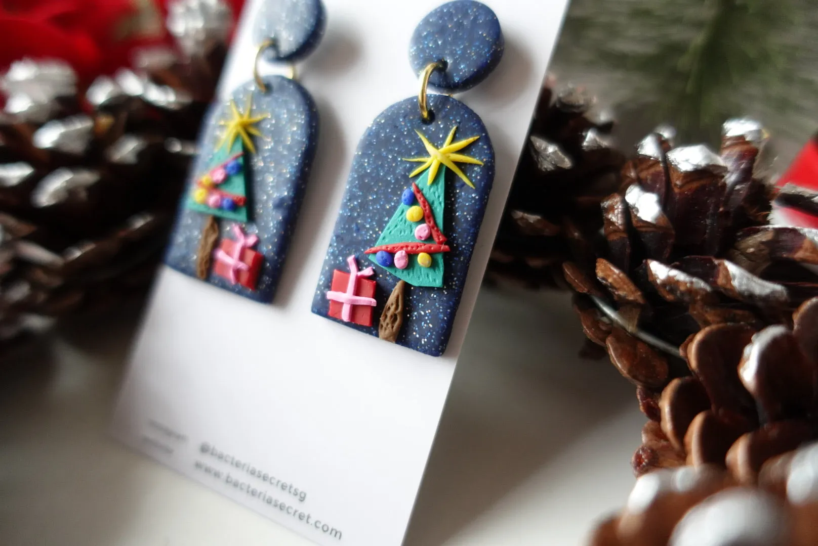 Blue Sparkling Christmas Tree Clay Earrings