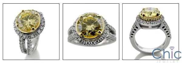 Canary 3 Ct Round Two Tone Gold Halo Cubic Zirconia Split Shank 14K Ring