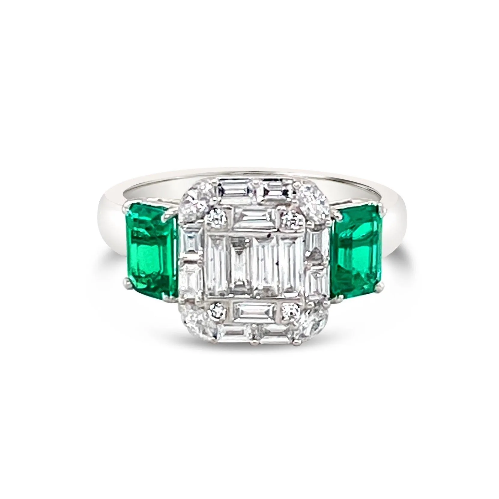 Central Diamonds & side Emerald cut Emeralds "Ashley" RIng