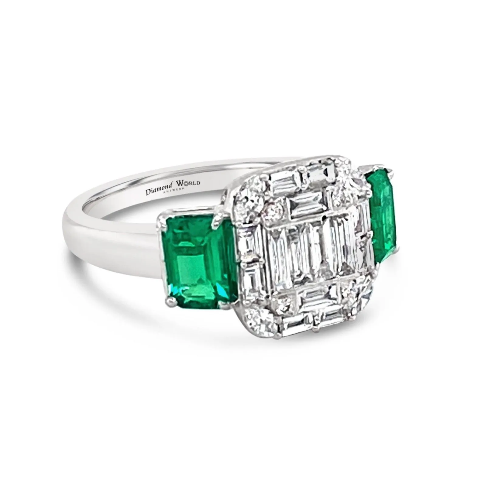 Central Diamonds & side Emerald cut Emeralds "Ashley" RIng