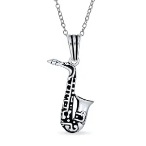 Classic Saxophone Instrument Pendant Necklace for Musician or Jazz Lover Silver Chain