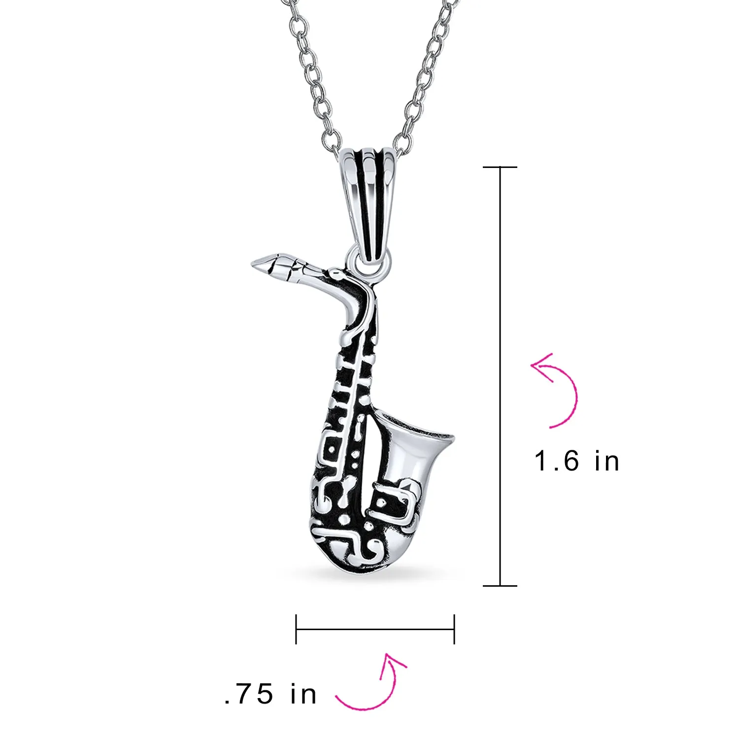 Classic Saxophone Instrument Pendant Necklace for Musician or Jazz Lover Silver Chain