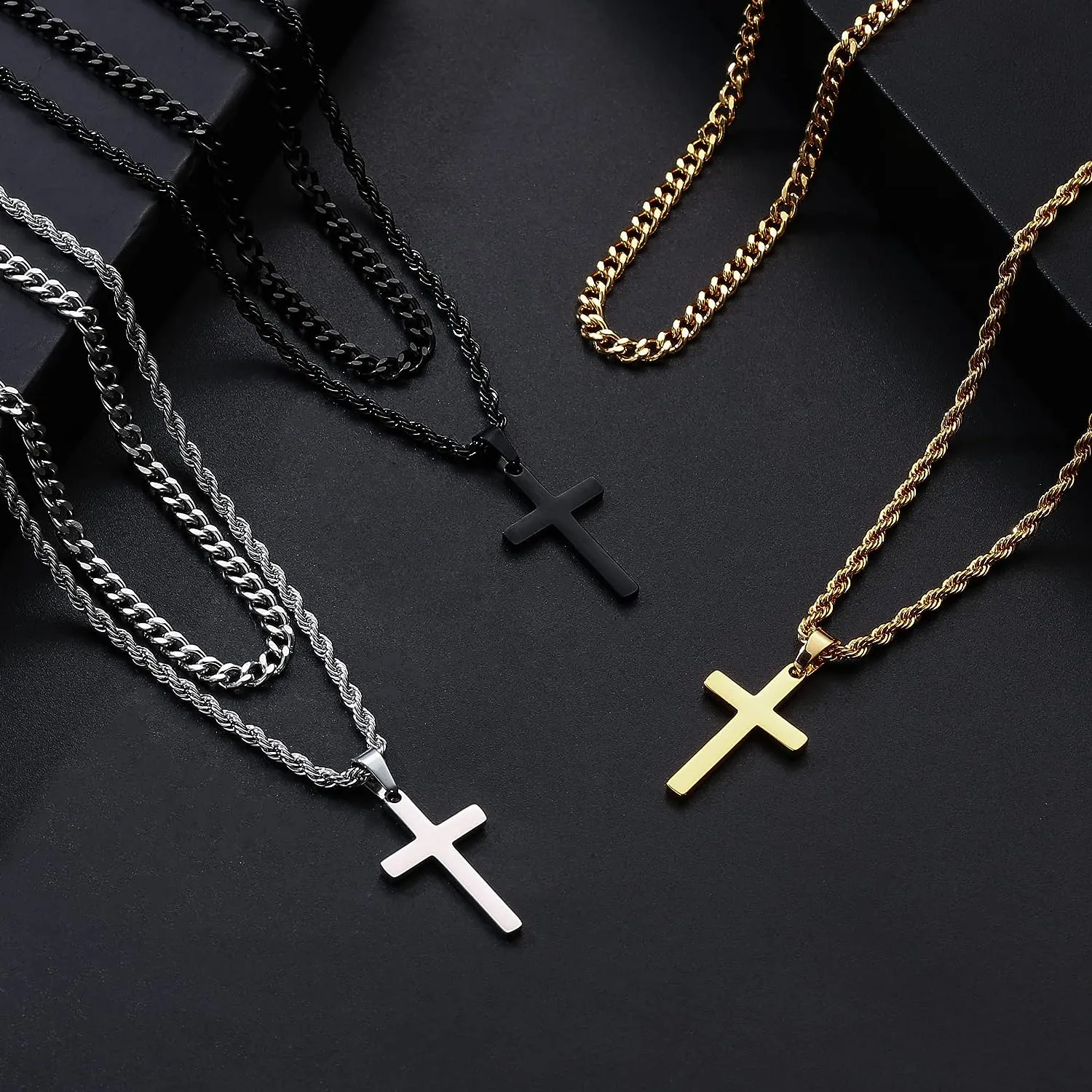 Cross Necklace for Men - Gold/ Black/ Silver Mens Cross Necklaces - Stainless Steel Cross Pendant Necklace Simple - Jewelry Gifts Cross Chain Necklace for Men & Boys