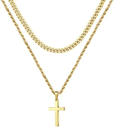 Cross Necklace for Men - Gold/ Black/ Silver Mens Cross Necklaces - Stainless Steel Cross Pendant Necklace Simple - Jewelry Gifts Cross Chain Necklace for Men & Boys