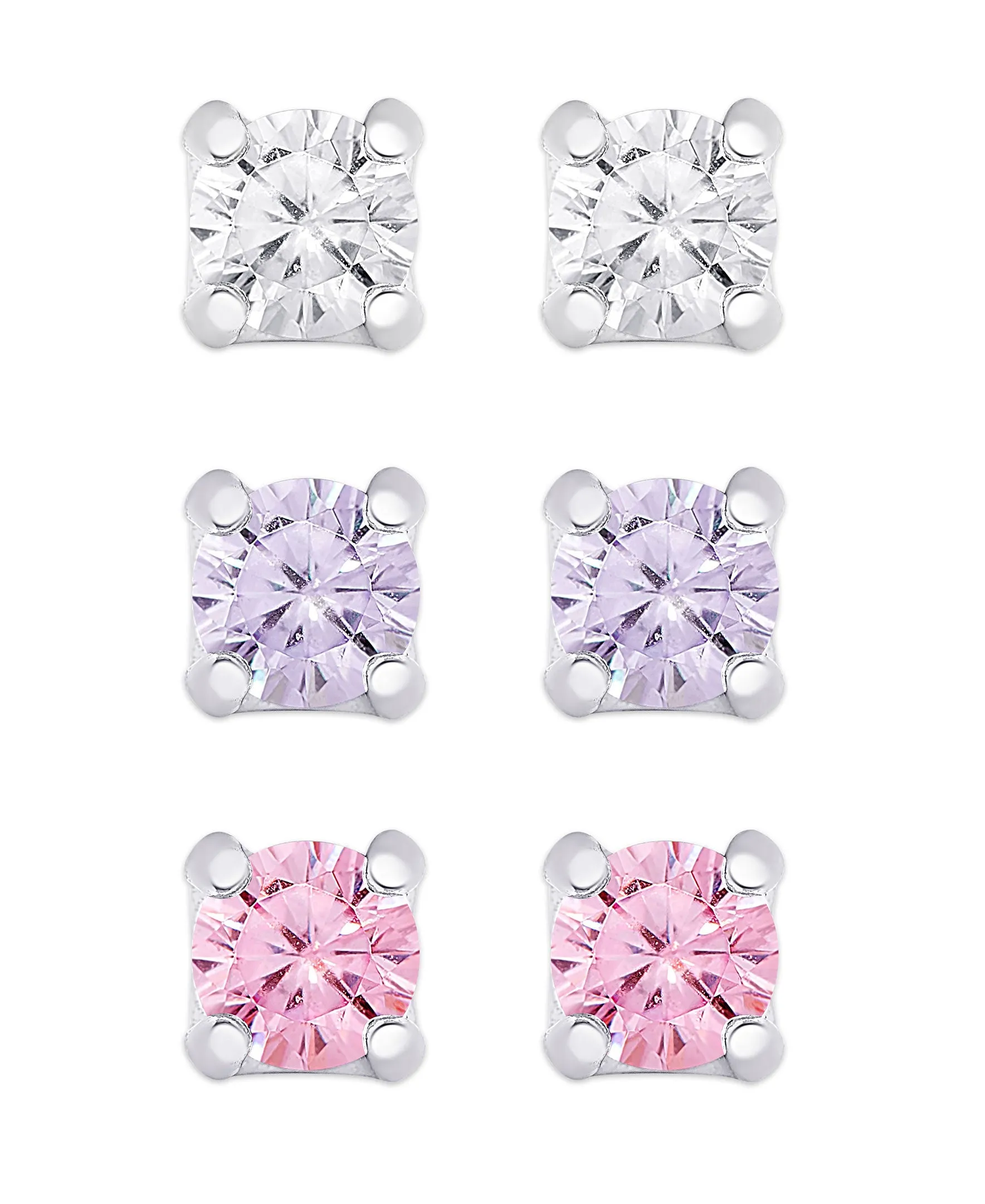 CZ Studs Set in Sterling Silver (White, Lavender, Pink)