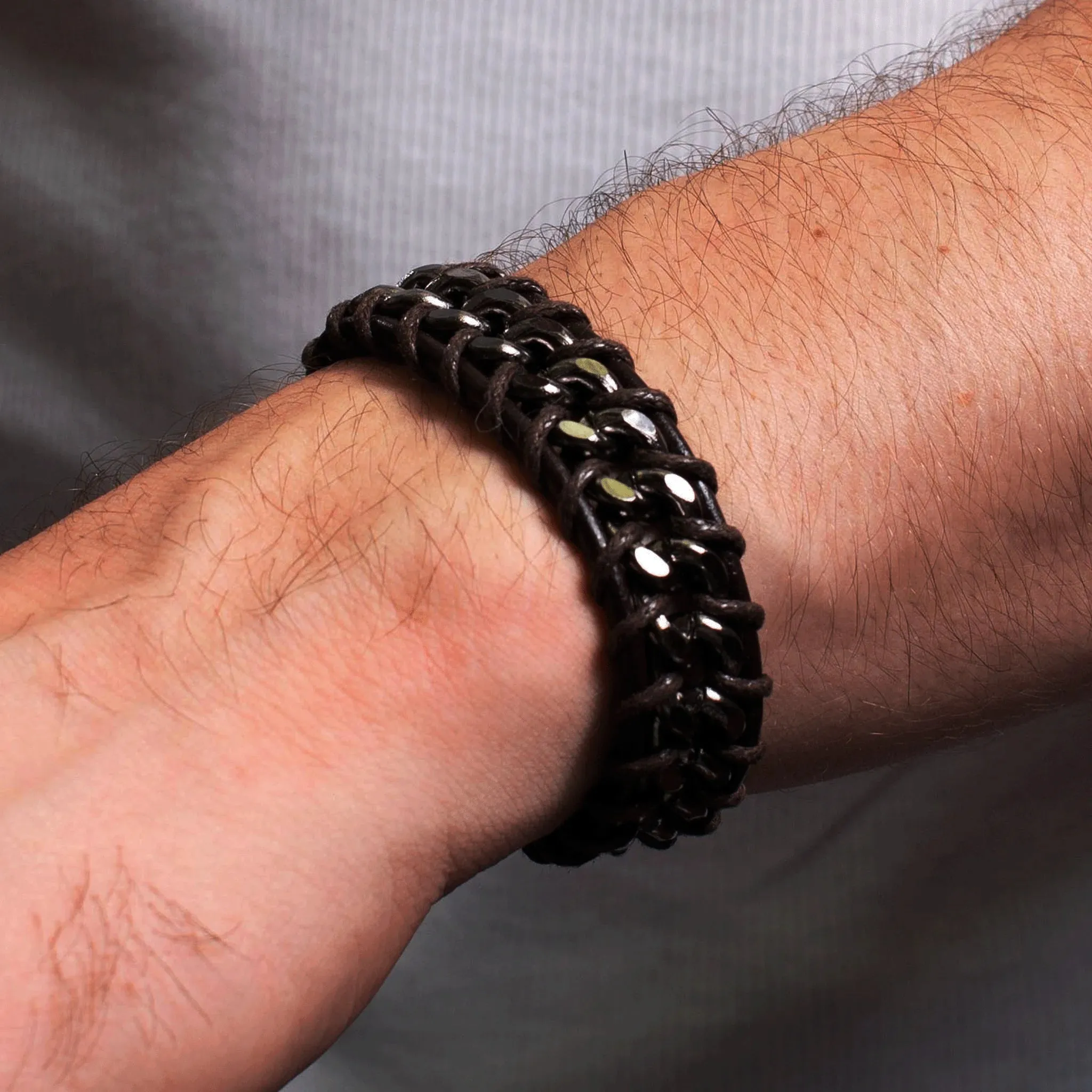 Demetrio Knitted Leather & Stainless Steel Bracelet