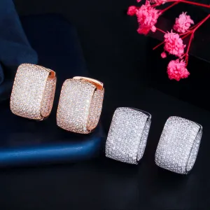 Double Sided Micro Paved Cubic Zirconia White Gold Color Rectangle Hoop Earrings