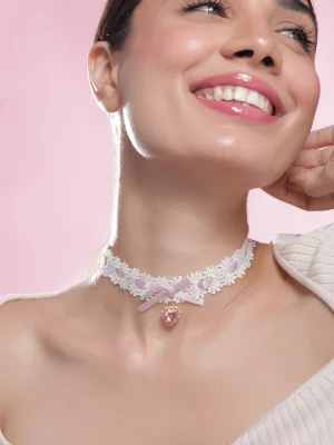 Elegant White Lace Choker with Pink Heart Crystal Pendant and Bow Accent