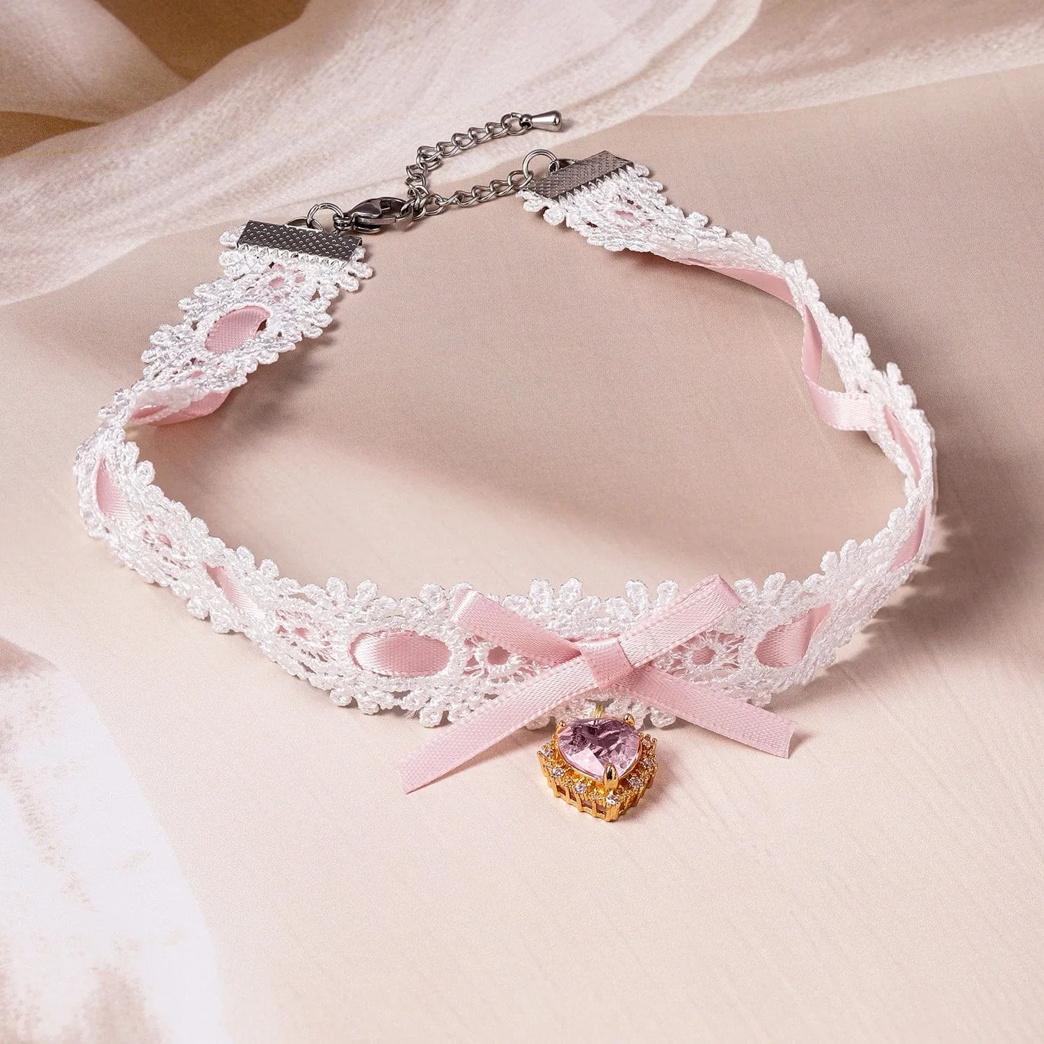 Elegant White Lace Choker with Pink Heart Crystal Pendant and Bow Accent