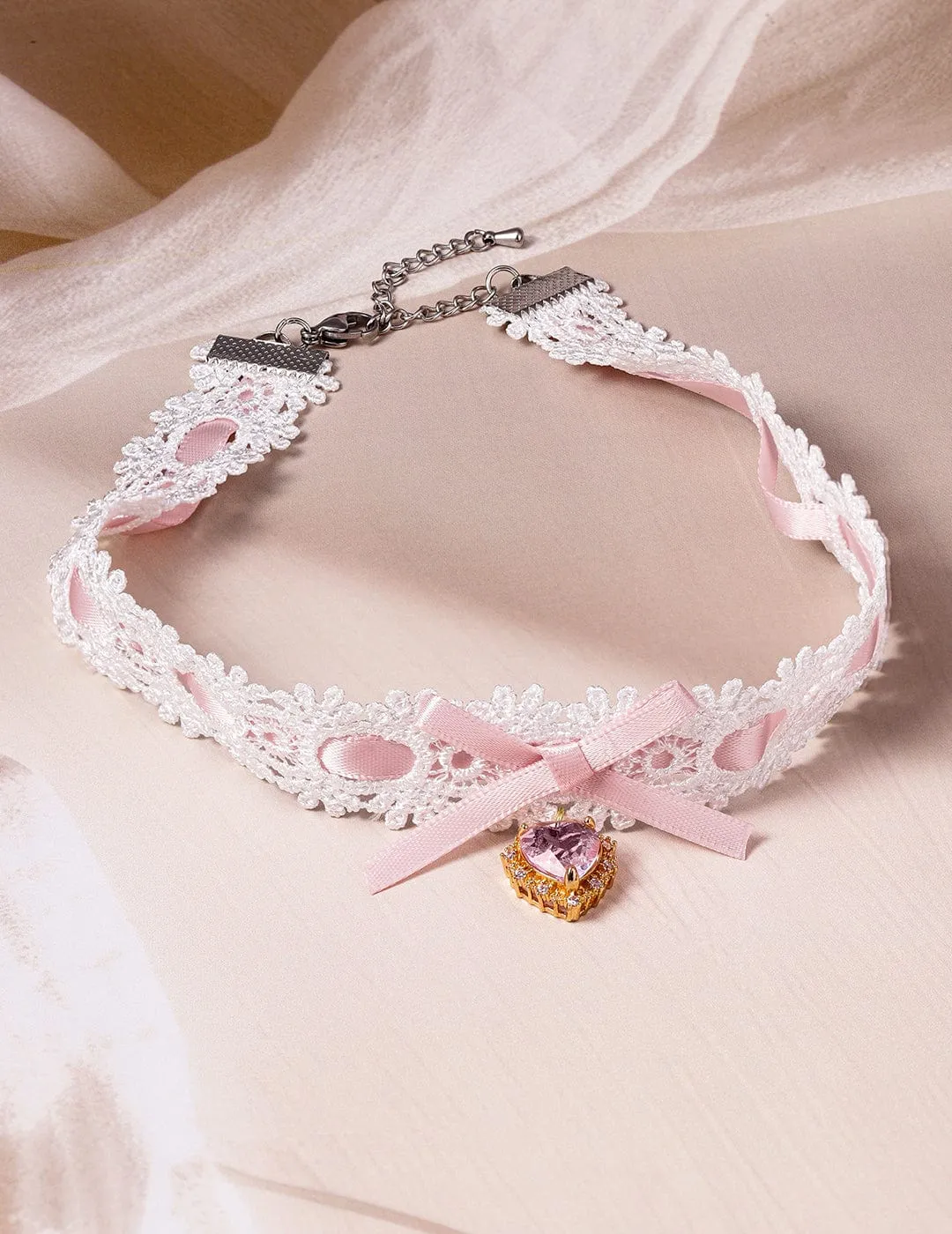 Elegant White Lace Choker with Pink Heart Crystal Pendant and Bow Accent