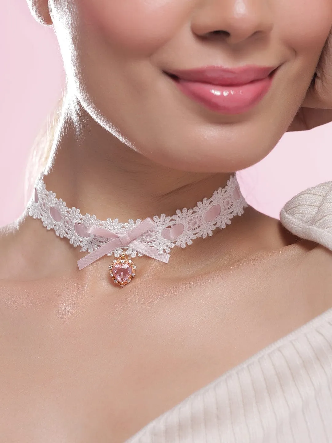 Elegant White Lace Choker with Pink Heart Crystal Pendant and Bow Accent