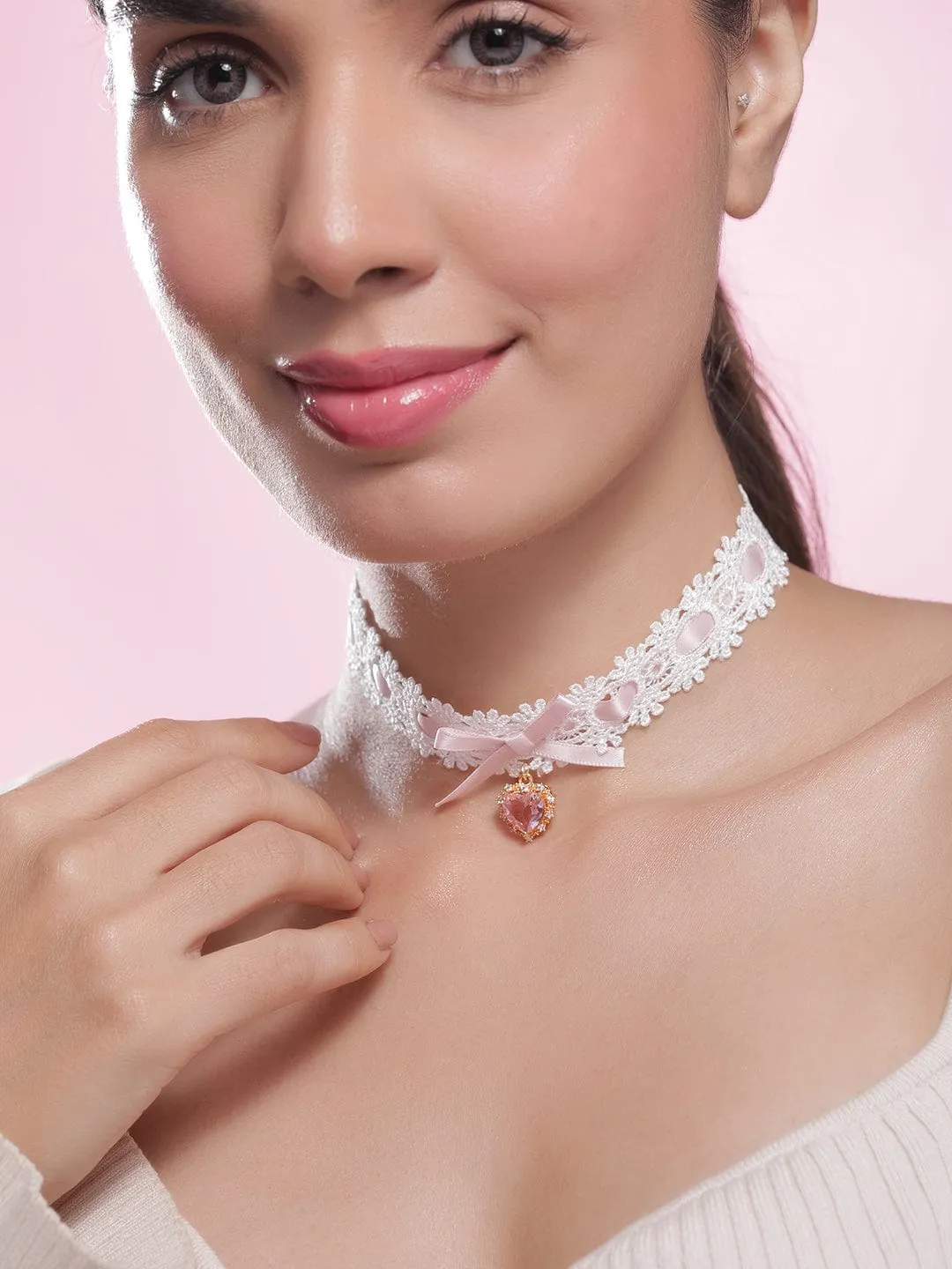 Elegant White Lace Choker with Pink Heart Crystal Pendant and Bow Accent