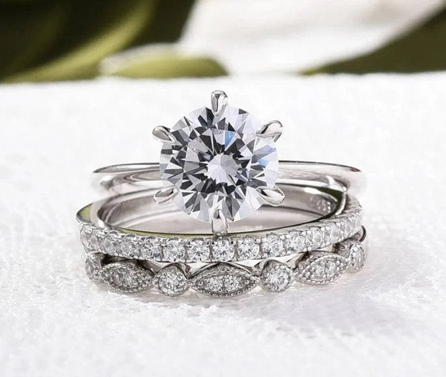 Exquisite Round Cut White Sapphire 3pcs Wedding Ring Set