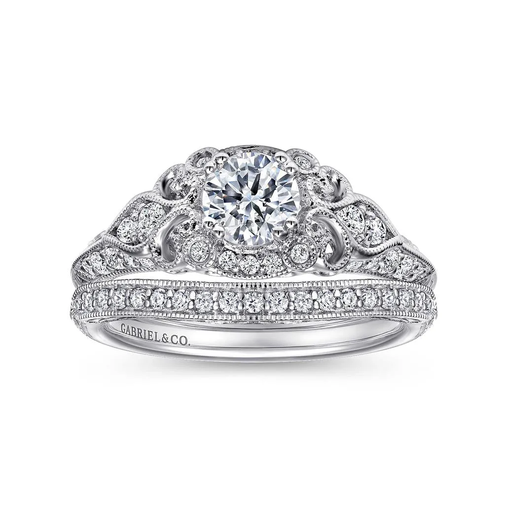 Gabriel & Co Abel - Unique 14K White Gold Vintage Inspired Diamond Halo Engagement Ring