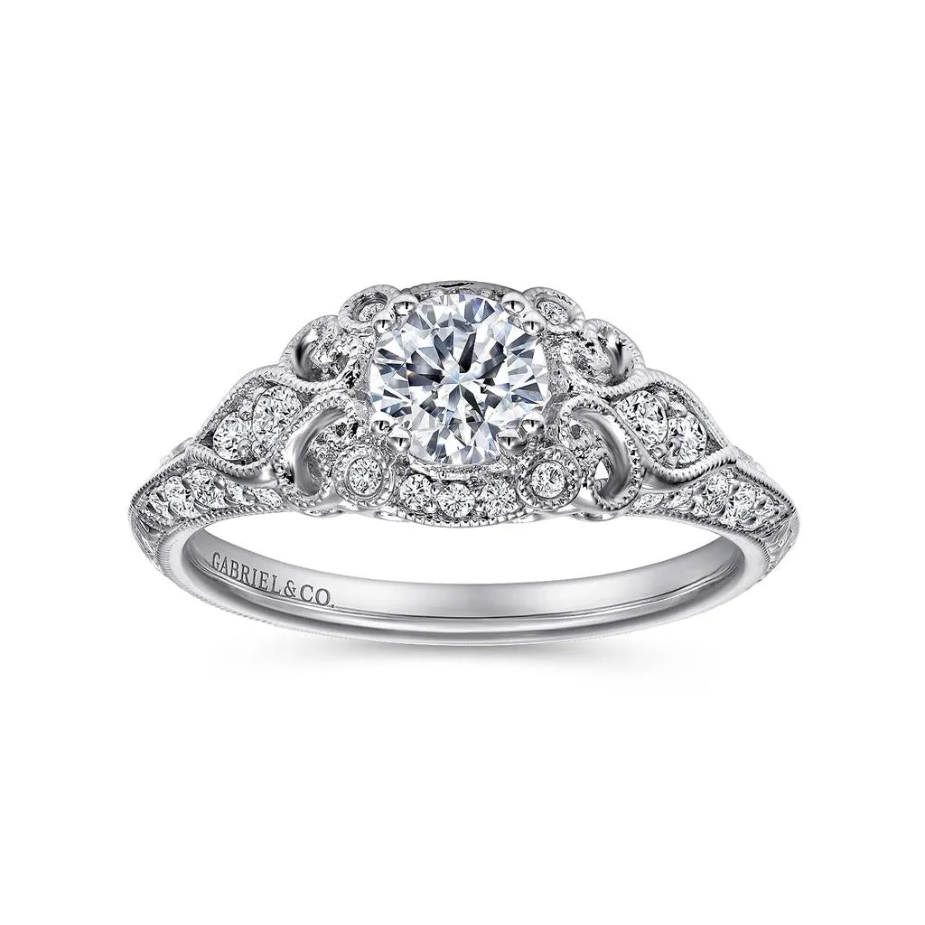 Gabriel & Co Abel - Unique 14K White Gold Vintage Inspired Diamond Halo Engagement Ring