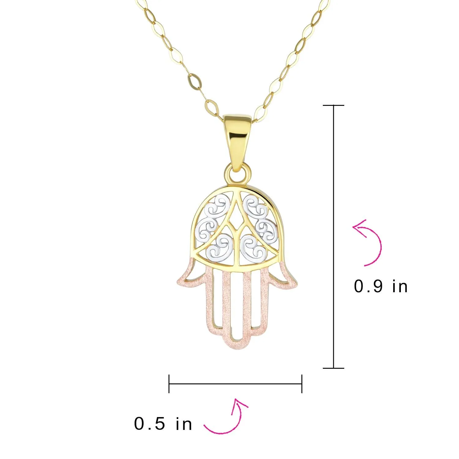 Genuine 14K Tri Color Gold Hamsa Pendant Necklace for Spiritual Protection